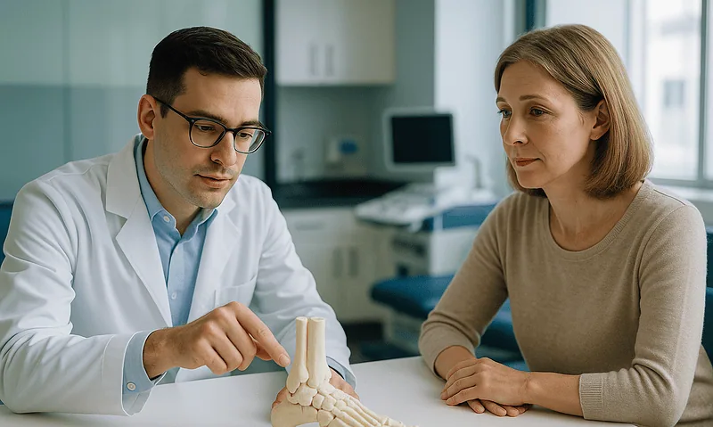 Doctor explaining foot anatomy to patient with foot model in clinic.