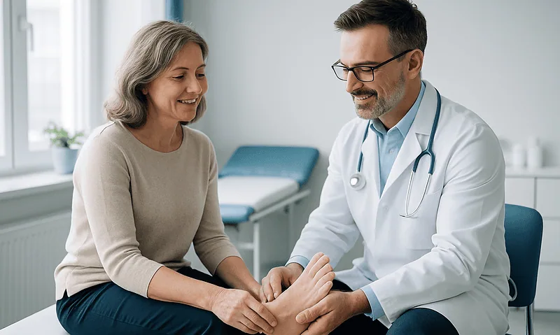 Doctor examining a patient's foot in a medical consultation room.