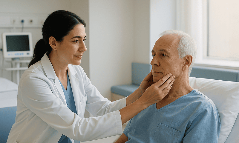 Doctor consulting with senior male patient in hospital room.