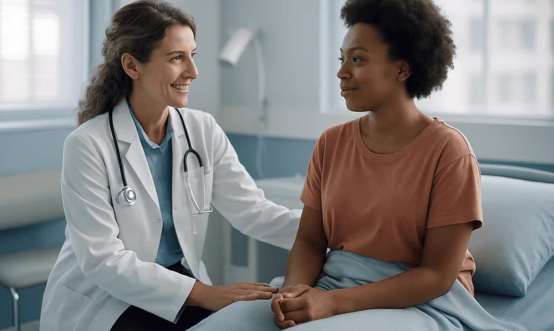 Doctor consulting with a patient in a hospital room.