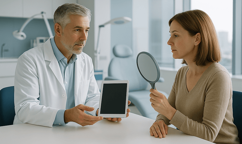 Doctor explaining aesthetic neck contouring options to a patient with mirror.
