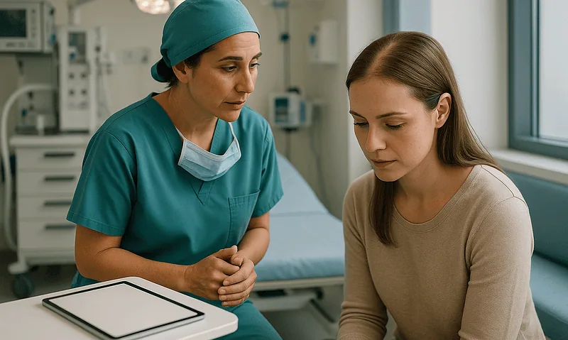 Doctor consulting with a patient in a hospital room for aesthetic scalp surgery.