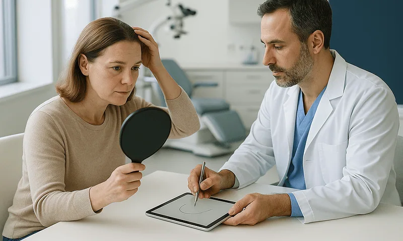 Patient consulting with doctor about hair loss and treatment options.