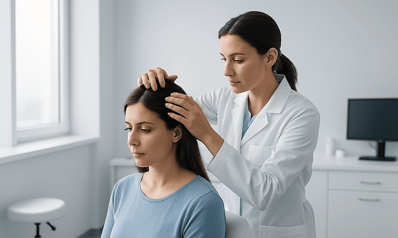 Doctor examining patient's scalp in a clinical setting.