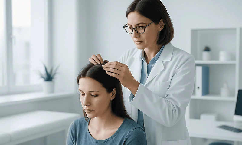 Doctor examining woman's scalp for hair loss treatment at clinic.