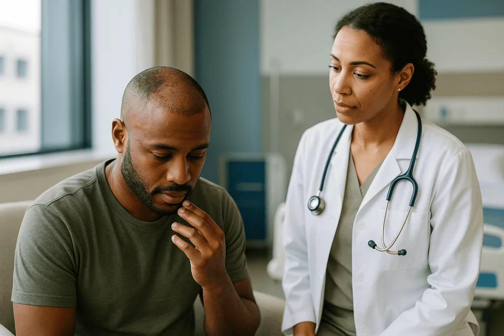 Doctor consulting with male patient in clinic setting: Afro hair transplant recovery: what the first days and weeks usually 