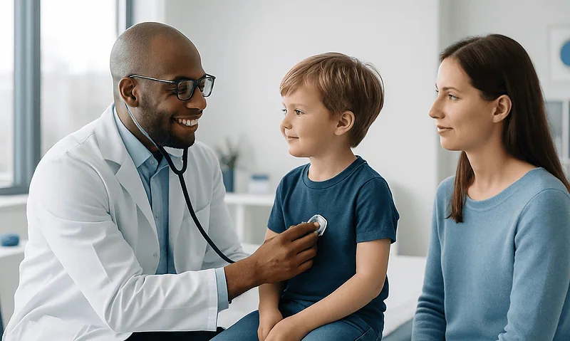 Pediatrician examining a young boy with a stethoscope in a clinic setting.