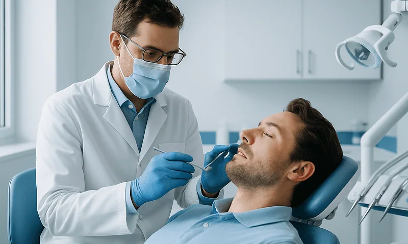 Dentist examining patient's teeth after dental hygiene appointment.