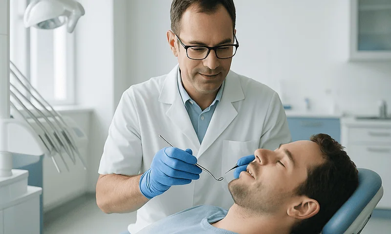 Dentist performing a dental check-up on a patient in a modern clinic.