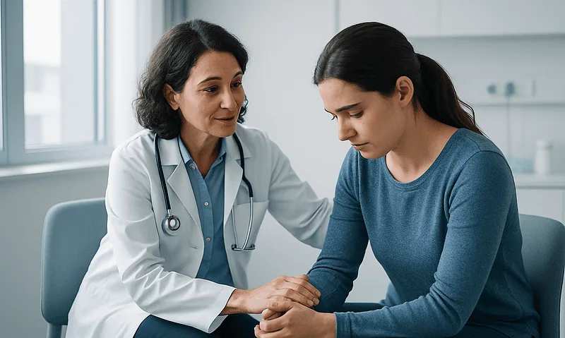 Doctor comforting a patient during a consultation at a hospital.