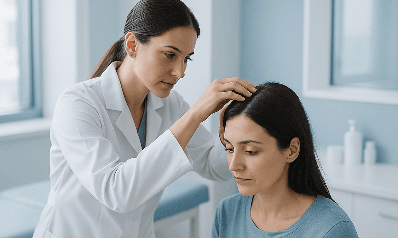 Doctor examining a patient's scalp after hair surgery for signs of infection.