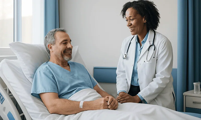 After a Peripheral Angiogram: Puncture-Site Care and the Symptoms That Warrant a Call 7 Doctor talking to a male patient in hospital bed after angiogram procedure.