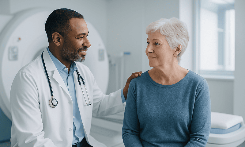 Doctor talking to an elderly woman in a medical facility.