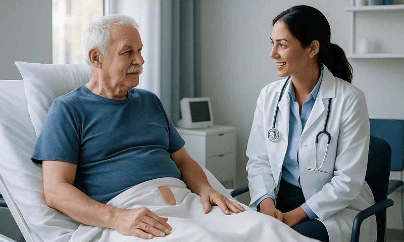 Doctor consulting with elderly patient in hospital room.
