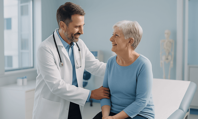 Doctor consulting with elderly woman in a medical office.