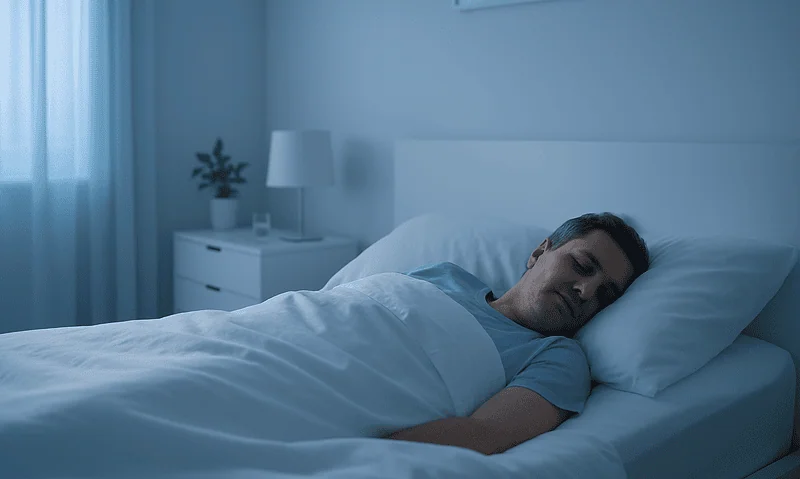 Man sleeping peacefully in a modern bedroom after facial surgery recovery.