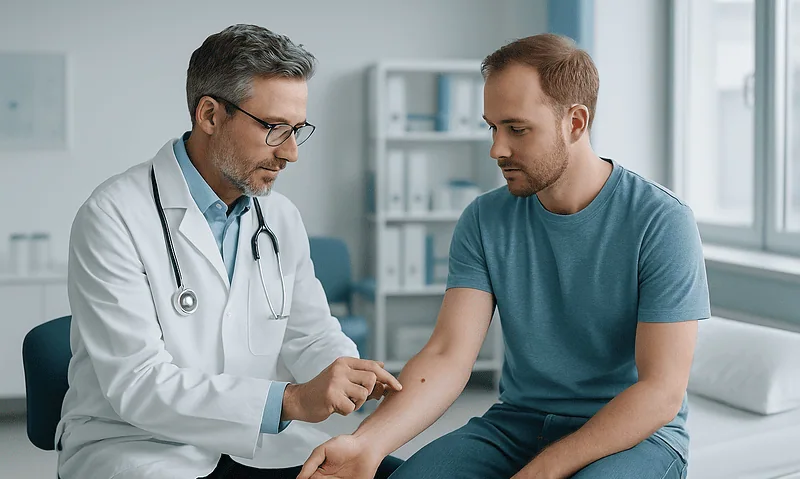 After a Tick Bite: When Doctors Recommend an Evaluation and How Lyme Disease Care Begins 4 Doctor examining a patient's arm for tick bite symptoms in a clinic setting.
