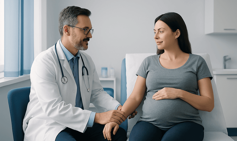 Doctor examining pregnant woman after amniocentesis in clinic.