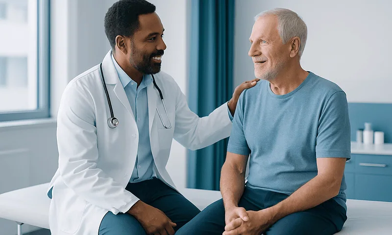 Doctor consulting with senior male patient in hospital room.