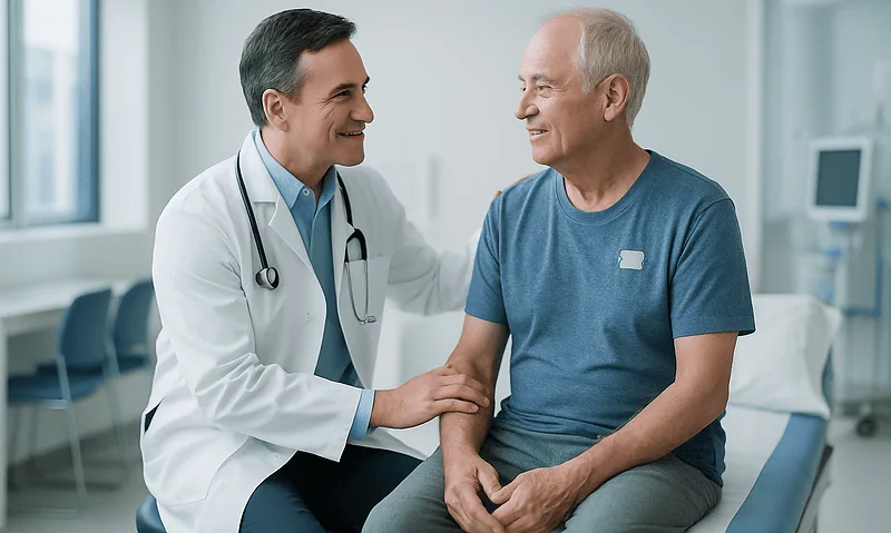 Doctor consulting with an elderly male patient in a hospital room.