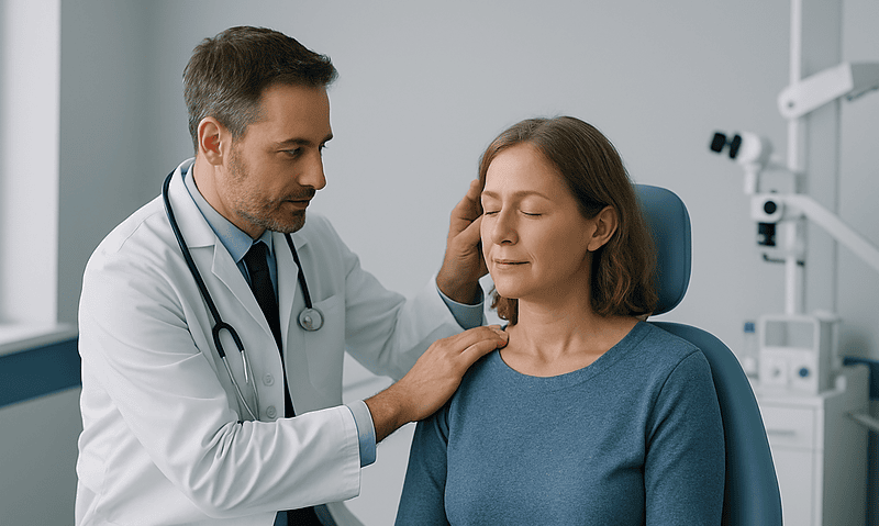 Doctor examining a woman with ear issues in a clinical setting.