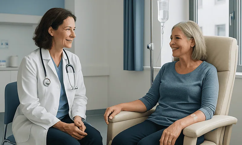 Doctor consulting with an elderly patient in a hospital room.