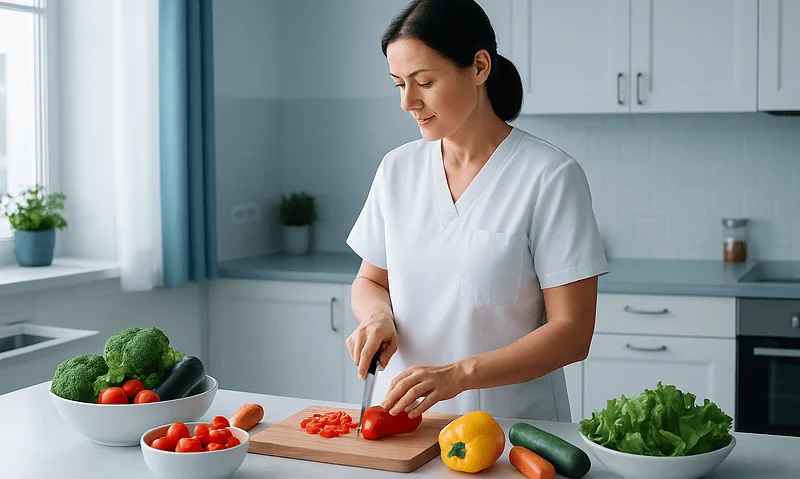 Woman preparing vegetables in a modern kitchen for a healthy diet post-treatment.