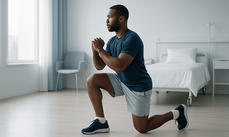 Man performing lunges in a bright, modern room with a hospital bed in the background.
