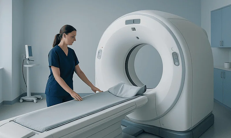 Medical technician prepares MRI scan in a modern hospital room.