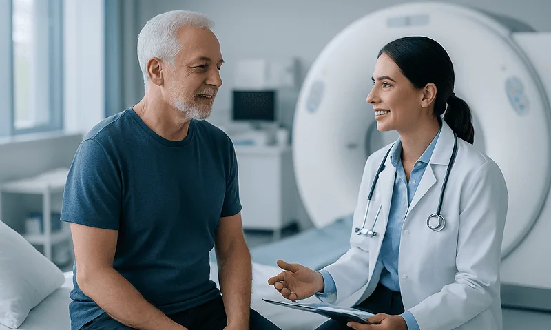 Doctor consulting with senior male patient in hospital room.