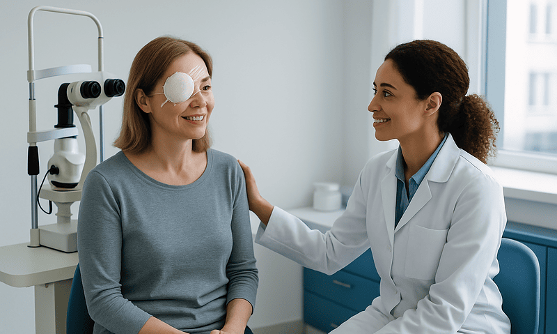 Ophthalmologist consulting with a patient after keratoconus treatment.