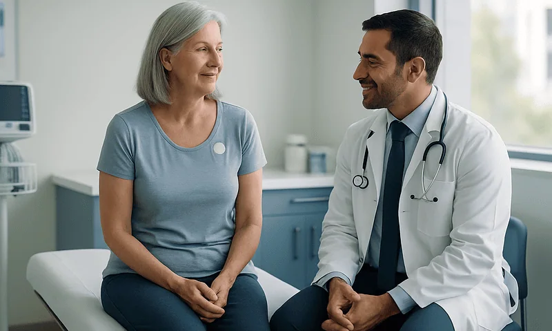 Doctor consulting with an elderly female patient in a medical office.