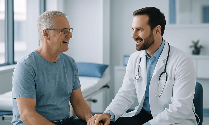 Patient smiling with doctor after CTO treatment in hospital.
