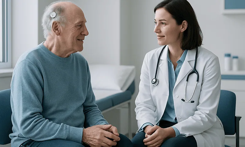 Doctor consulting with elderly male patient in hospital room.