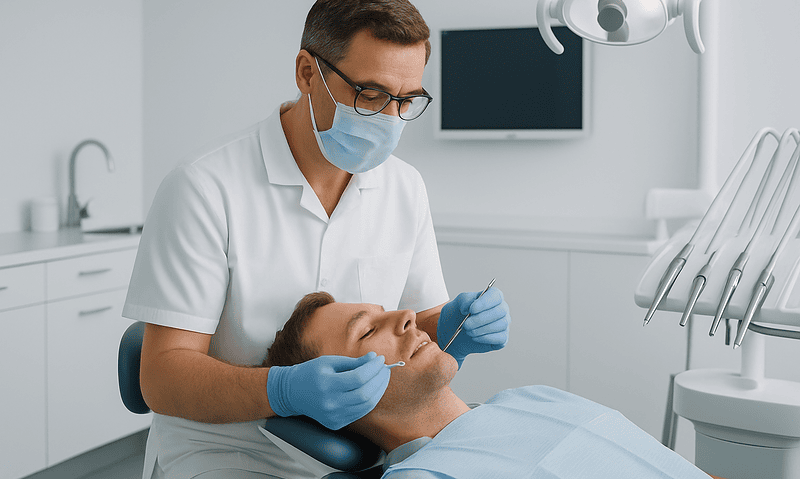 Dentist performing dental examination on patient in clinic.