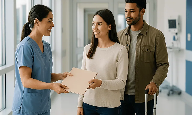 Patient receiving discharge instructions from nurse at Acibadem Hospital.