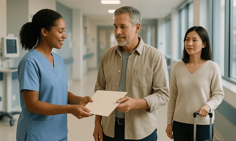 Hospital staff member handing paperwork to a patient in a corridor.