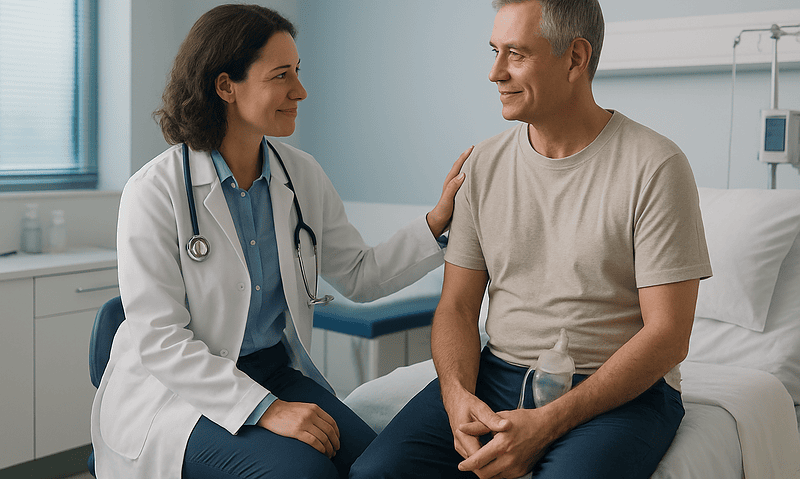 Urologist consulting with a male patient in a hospital room.