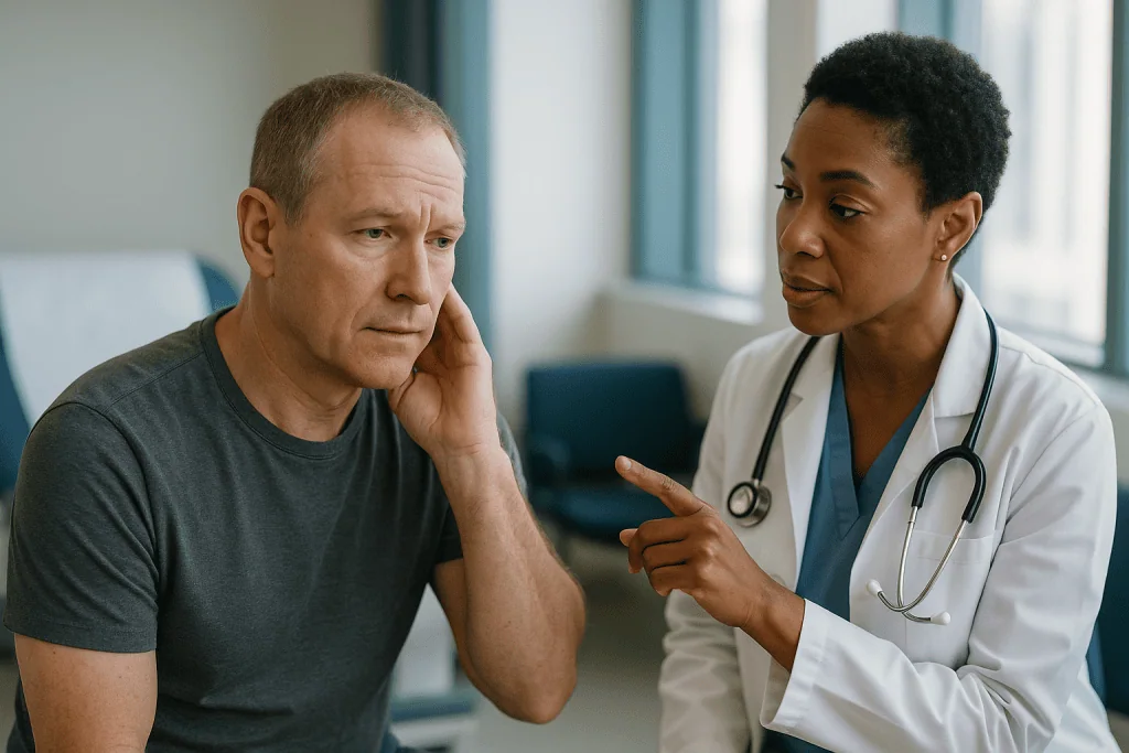 Doctor consulting with male patient in clinical setting: After earwax removal what to expect in the first few hours
