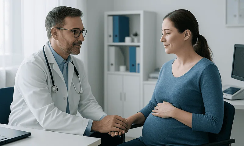 Doctor consulting pregnant woman in a medical office.