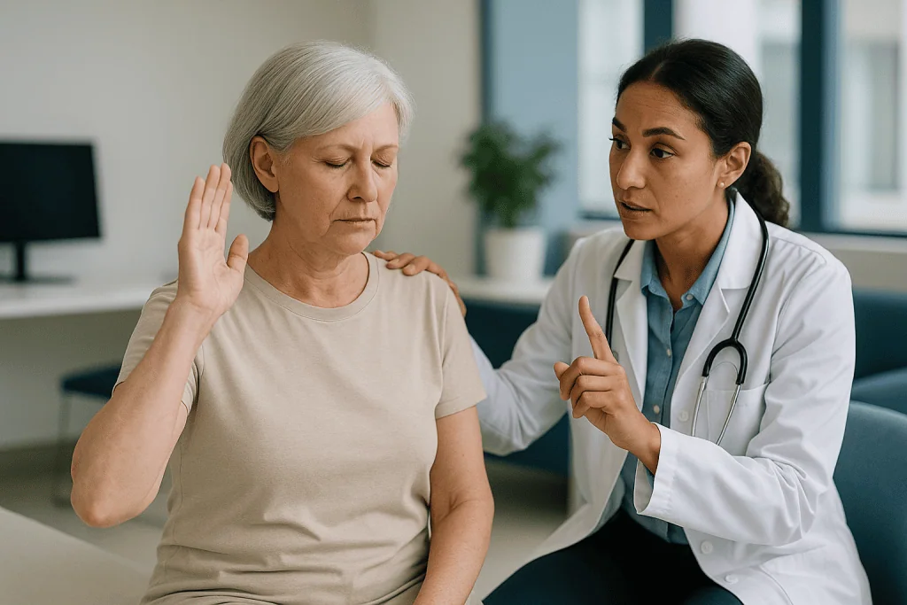 Doctor consulting elderly patient about shoulder or arm movement: After Epley maneuver instructions: what clinicians commonl
