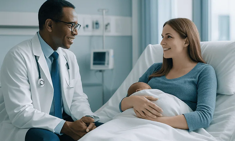 Doctor and mother with newborn in hospital room.