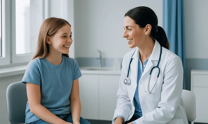 Pediatric dentist consulting with young girl patient in clinic.