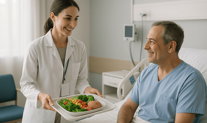 Nurse offering healthy meal to patient in hospital recovery room.