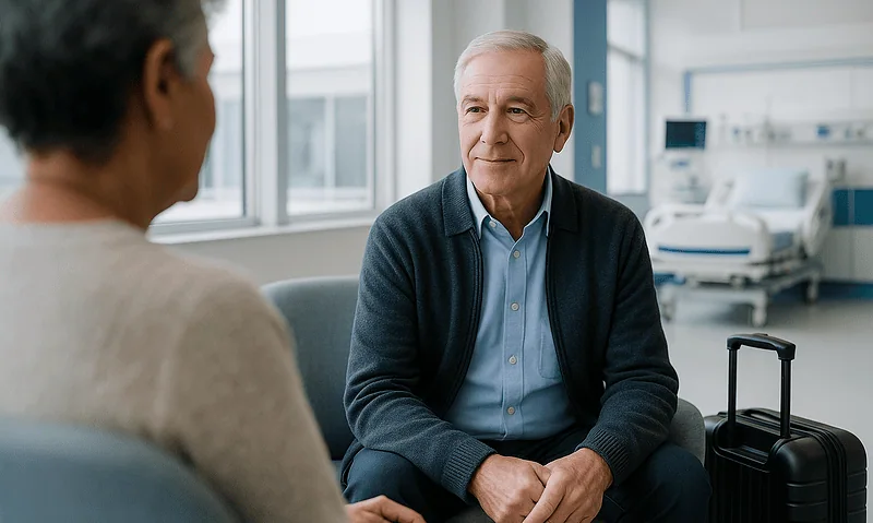 Senior man talking to a woman in a hospital recovery room.