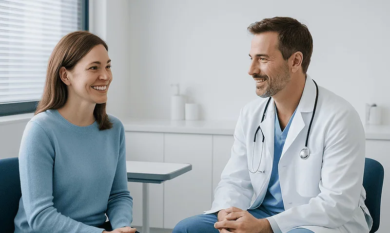 After Gum Recession Treatment: Normal Tenderness vs Bleeding or Swelling to Report 7 Doctor consulting with a smiling female patient in a medical office.
