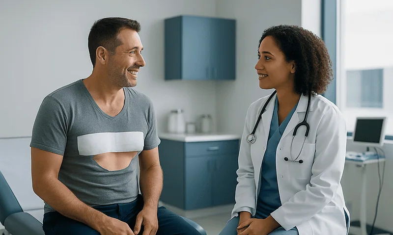 Doctor consulting male patient about gynecomastia recovery in clinic.