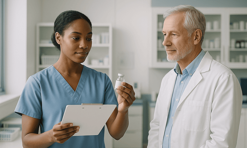 Nurse explaining medication to doctor in hospital setting.