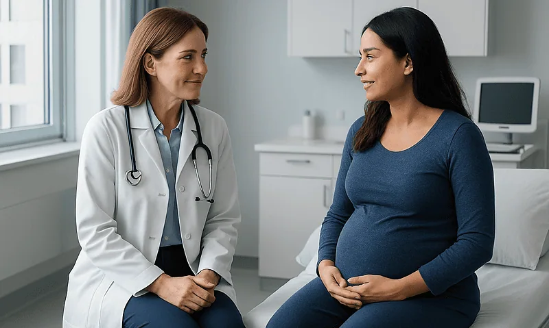 Doctor consulting pregnant woman in a medical office at Acibadem Hospitals.