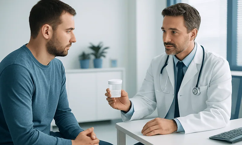 Male patient consulting with doctor about fertility testing results.